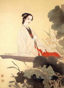 中国の伝統芸術 Painting - ボートに乗っている中国人女性